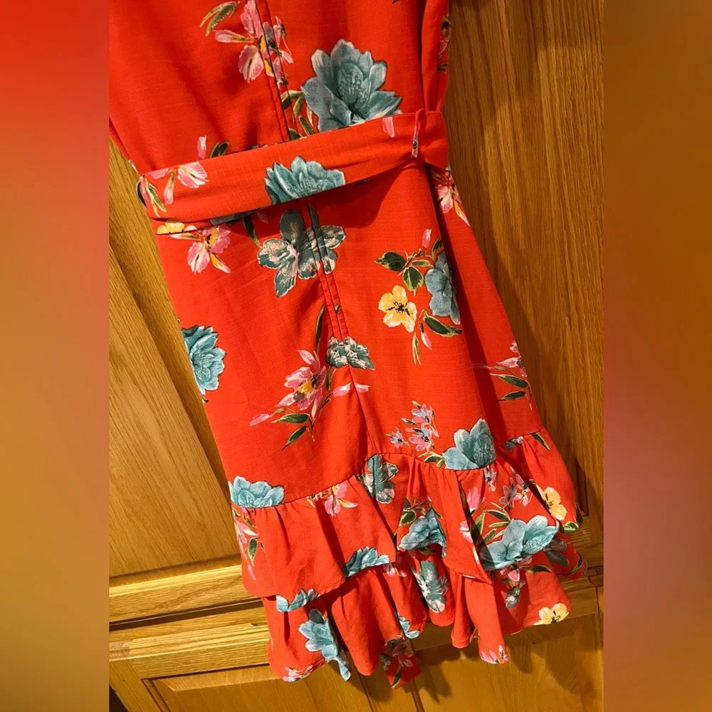 Nordstrom Love, Nickie Lew Orange Floral Faux Wrap Ruffle Mini‎ Dress Size 3